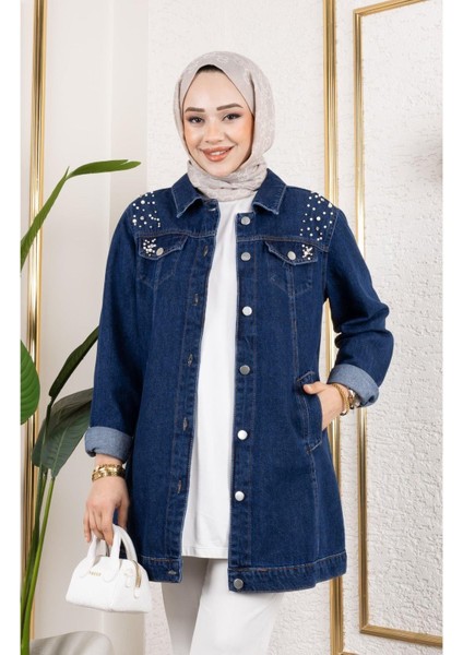 Kadın Boncuk Işlemeli Denim Kot Ceket