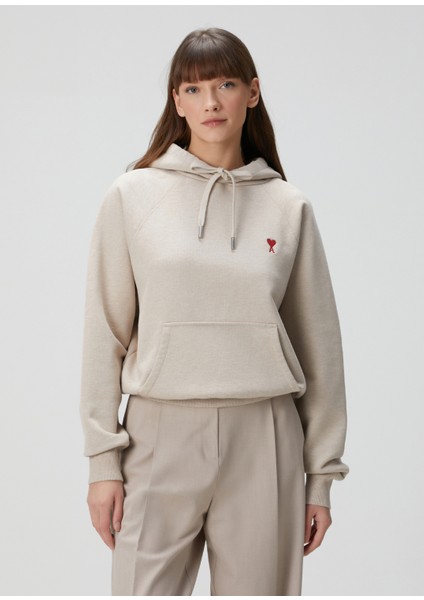 Bej Kapüşonlu Logo Nakışlı Sweatshirt
