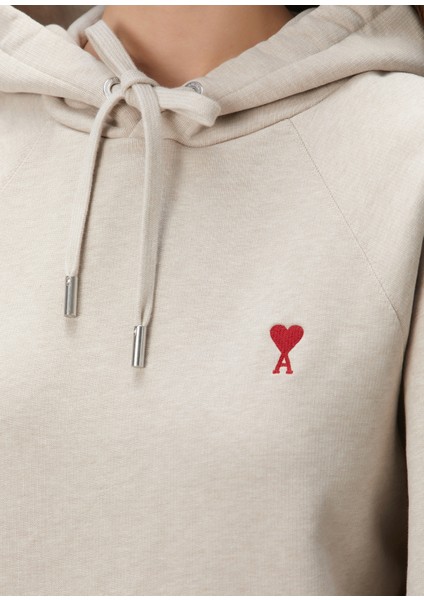 Bej Kapüşonlu Logo Nakışlı Sweatshirt