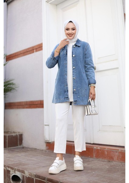 Kadın Taş Işlemeli Denim Kot Ceket