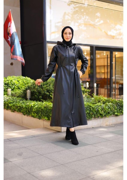 Kadın Kapüşonlu Uzun Deri Kap modelleri