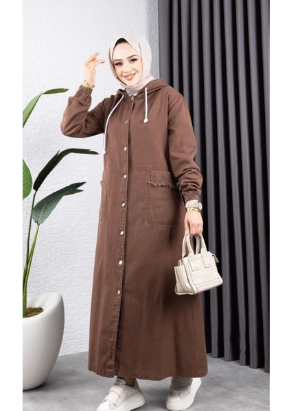 Kadın Düğmeli Kapüşonlu Cep Püsküllü Kot Kap