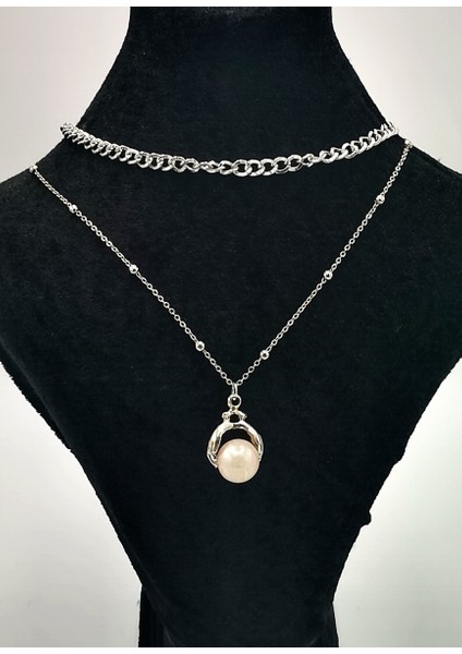 Çift Zincirli Gümüş Renk Figürlü Kolye