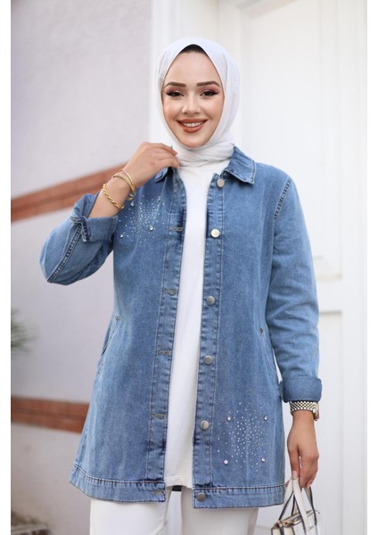 Kadın Taş Işlemeli Denim Kot Ceket