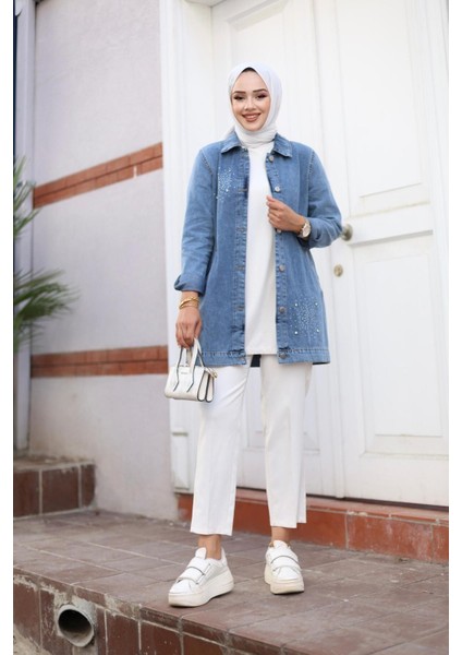 Kadın Taş Işlemeli Denim Kot Ceket modelleri
