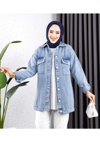 Kadın Cep Detaylı Denim Kot Ceket