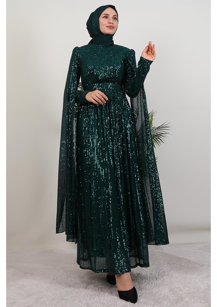 Pul Payet Pelerinli Abiye Zümrüt