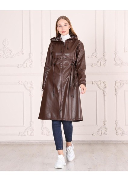 Kadın Kapüşonlu Deri Kap