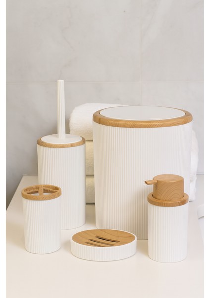 Beyaz Bambu Desenli 5 Parça Banyo Seti | Çöp Kovası, Wc Fırçalık, Sıvı Sabunluk, Diş Fırçalık, Sabunluk