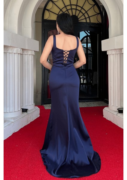 Saten Kumaş Askılı Balık Elbise - Lacivert fırsatları