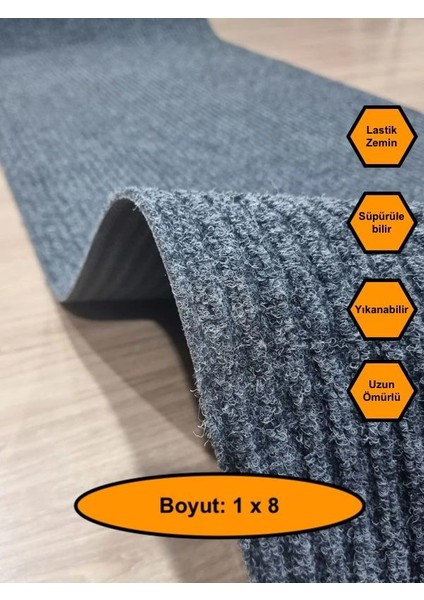 Gri Çelik Halı, Yolluk, Lastik Tabanlı, 1x8 Metre, Kaydırmaz