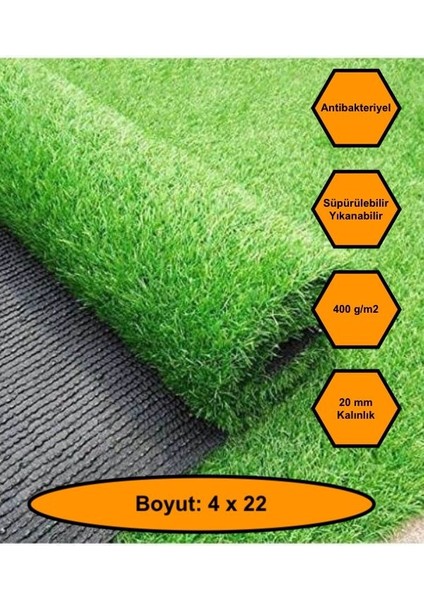 4X22 Metre Yapay Çim Halı, Lastik Taban, Yeşil Suni Halı, 20 mm Kalınlığında