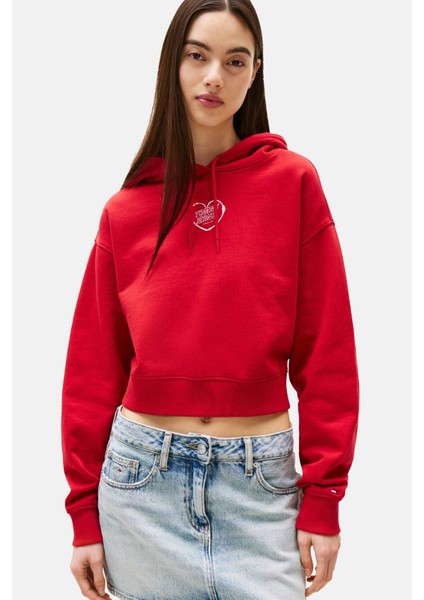 Kadın Relaxed Fit Sırtı Kalp Baskılı Cropped Sweatshirt - Kırmızı