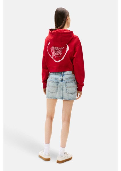 Kadın Relaxed Fit Sırtı Kalp Baskılı Cropped Sweatshirt - Kırmızı modelleri