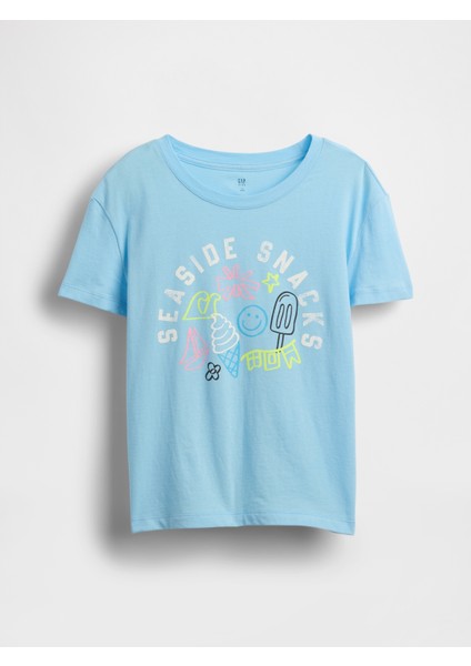 Kız Çocuk Mavi Grafik Baskılı T-Shirt
