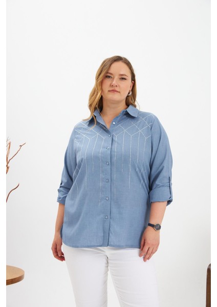 Ön Taş Detaylı Büyük Beden Gömlek Mavi