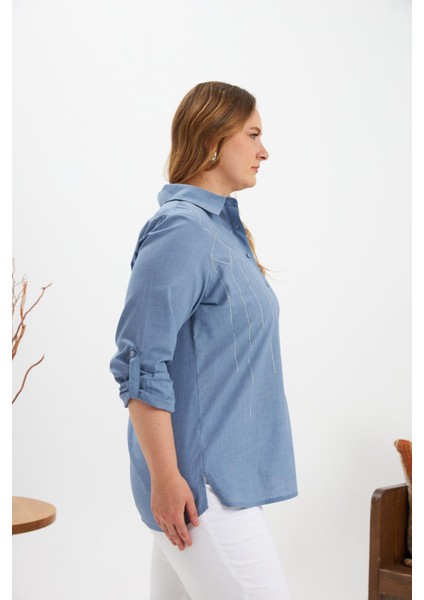 Ön Taş Detaylı Büyük Beden Gömlek Mavi fiyatları