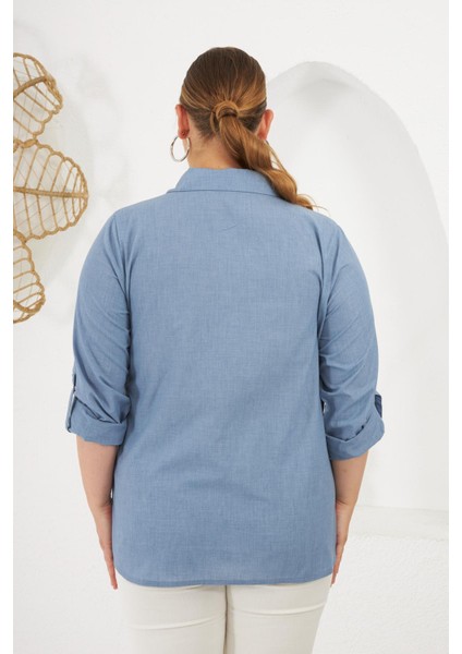 Ön Taş Detaylı Büyük Beden Gömlek Mavi indirimleri