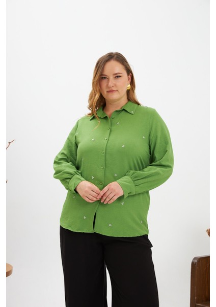 Büyük Beden Taş Detay Gömlek Yeşil
