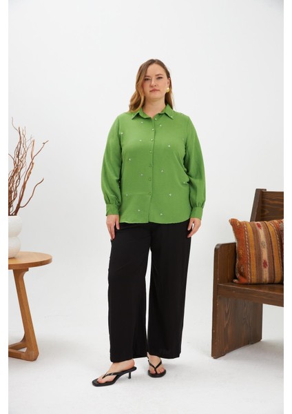 Büyük Beden Taş Detay Gömlek Yeşil modelleri