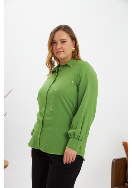 Büyük Beden Taş Detay Gömlek Yeşil fırsatları