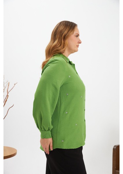 Büyük Beden Taş Detay Gömlek Yeşil indirimleri