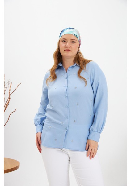 Büyük Beden Taş Detay Gömlek Bebe Mavi