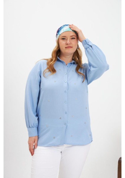 Büyük Beden Taş Detay Gömlek Bebe Mavi fiyatları