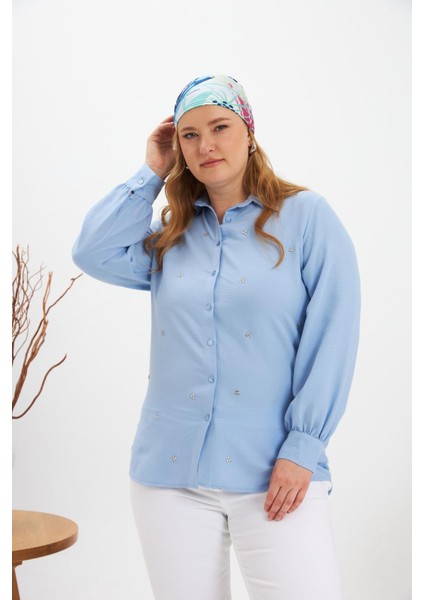 Büyük Beden Taş Detay Gömlek Bebe Mavi modelleri