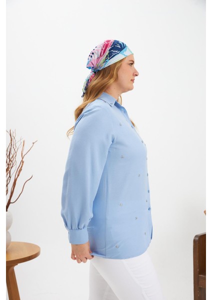 Büyük Beden Taş Detay Gömlek Bebe Mavi indirimleri
