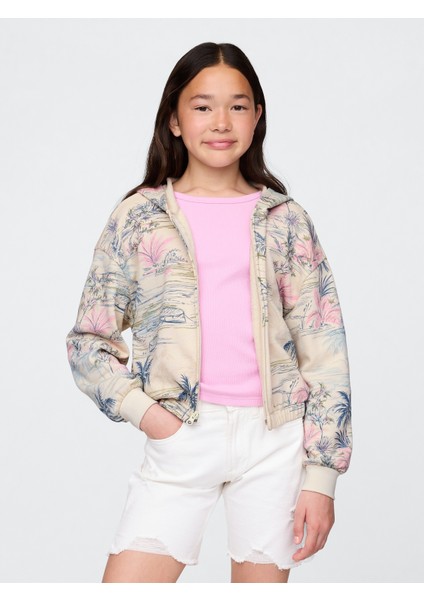 Kız Çocuk Kırık Beyaz Relaxed Crop Fermuarlı Sweatshirt