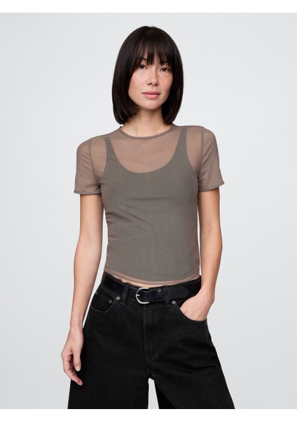 Kadın Koyu Gri Transparan Crop T-Shirt