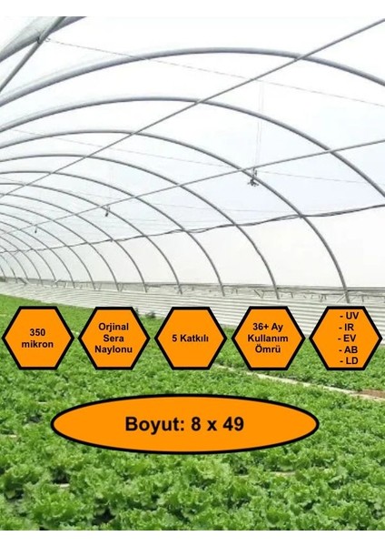 Sera Naylonu, 36 Aylık, 5 Katkılı, 350 Micron 8X49 Şeffaf Sera Örtüsü, Uv Dayanımlı, Ir, Ev, Ab, Ld