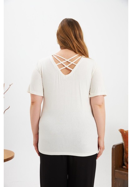 Pul Payet Dört Renk Bloklu Büyük Beden Tişört Ekru fırsatları