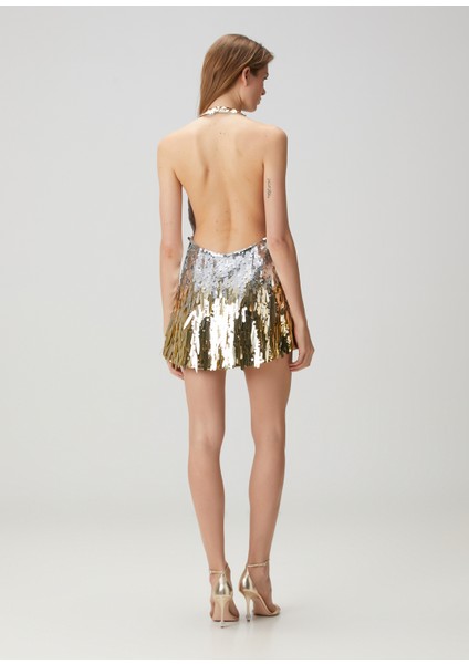 Kinara Silver Gold Payetli Mini Kokteyl Elbise