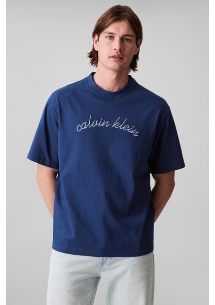 Erkek Center Chain Stitch T-Shirt - Mavi