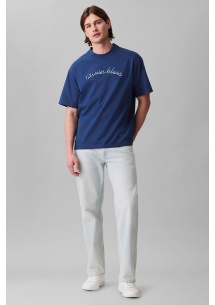 Erkek Center Chain Stitch T-Shirt - Mavi modelleri