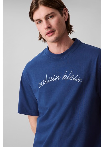Erkek Center Chain Stitch T-Shirt - Mavi fırsatları