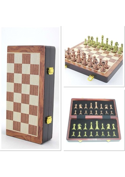 Ahşap Kutulu Metal Taşlı Hazneli Satranç Takımı 39*19 cm