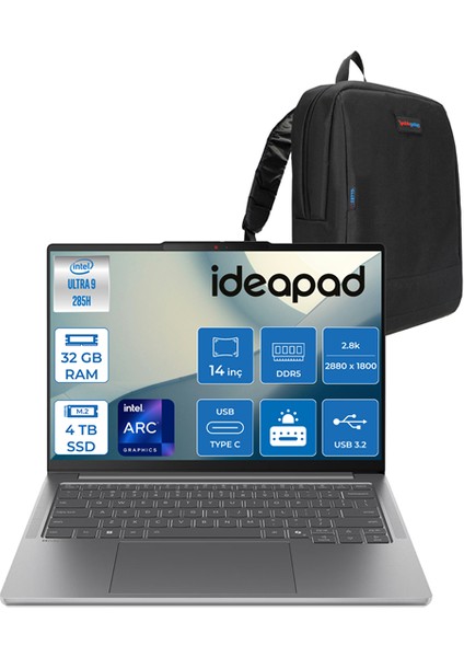 Ideapad Pro 5 Ultra 9 285H 32GB Ddr5 4tb SSD Intel Arc 140T Gpu WIN11HOME 14" 2.8k OLED 1100NITS Displayhdr 120Hz Taşınabilir Bilgisayar IP83JK0019TRTH04 + Zettaçanta