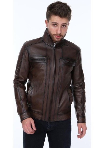 Hakiki Deri Kahverengi Kiera Fermuarlı Erkek Deri Ceket