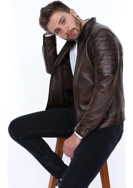 Hakiki Deri Kahverengi Kiera Fermuarlı Erkek Deri Ceket modelleri