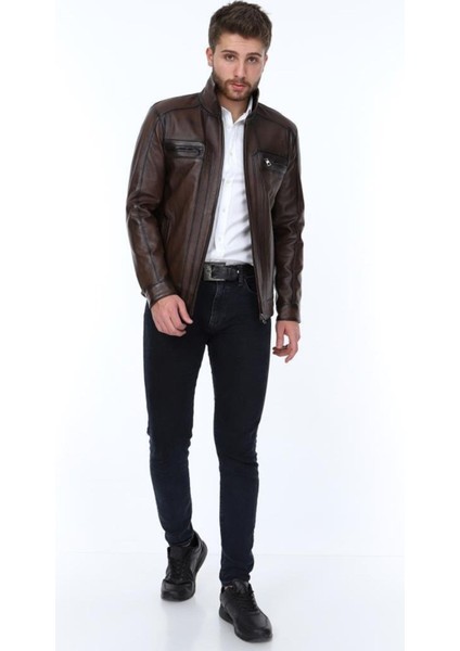 Hakiki Deri Kahverengi Kiera Fermuarlı Erkek Deri Ceket indirimleri