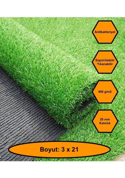 3X21 Metre Yapay Çim Halı, Lastik Taban, Yeşil Suni Halı, 20 mm Kalınlığında