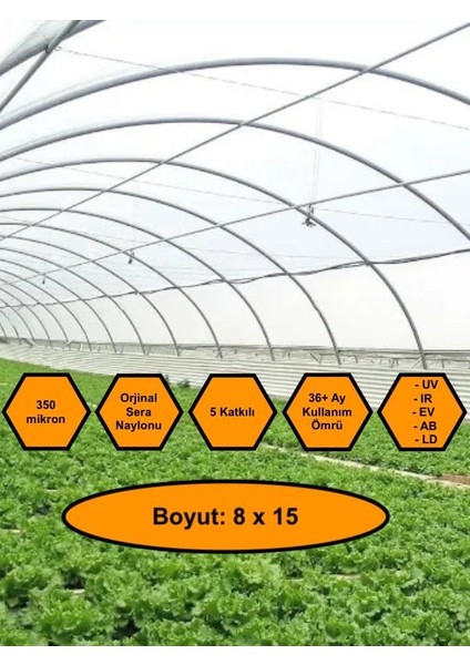 Sera Naylonu, 36 Aylık, 5 Katkılı, 350 Micron 8X15 Şeffaf Sera Örtüsü, Uv Dayanımlı, Ir, Ev, Ab, Ld
