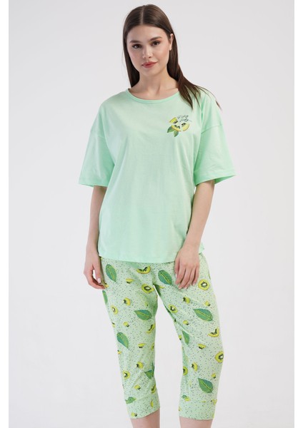 Pamuklu Kadın Büyük Beden Düşük Omuzlu Kısa Kol Kaprili Pijama Takım , 408343
