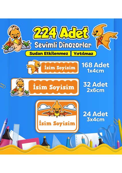 Dinozor Temalı Okul Kreş Kişiye Özel Isim Etiket Seti - Model 462