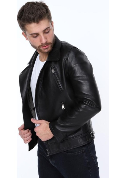 Hakiki Deri Siyah Fermuarlı Erkek Deri Ceket modelleri