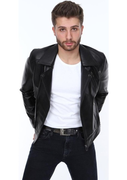 Hakiki Deri Siyah Fermuarlı Erkek Deri Ceket indirimleri