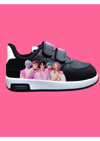 Soda Kpop Baskılı Siyah Işıklı Baskılı Bantlı Çocuk Spor Ayakkabı Sneaker